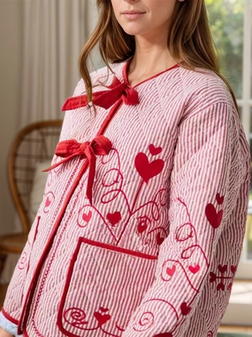 Embroidered Tied Striped Round Neck Coat Hot Sale Alert
