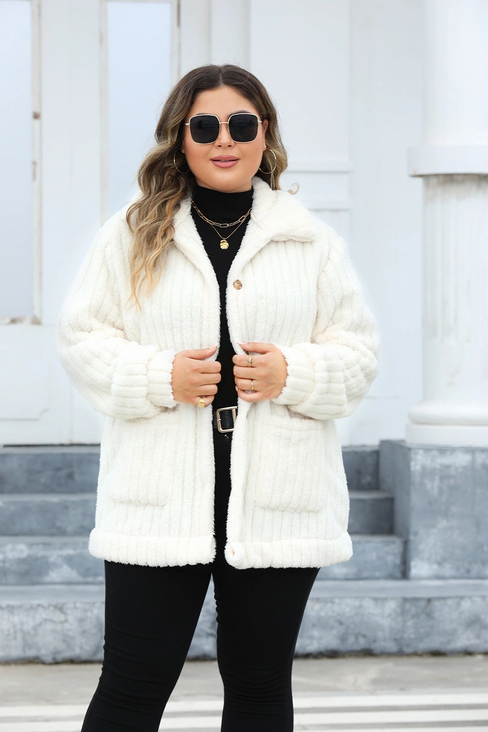 Plus Size Fuzzy Collared Neck Long Sleeve Jacket Hot Sale Alert