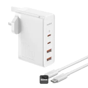 Flash Sale Now Baseus Gan5 Pro 100W 4 Port Fast Charger 2 Type-C   2 Usb-A Uk Plug With 100W Fast Charging Data Cable Type-C (20V/5A) 1M White