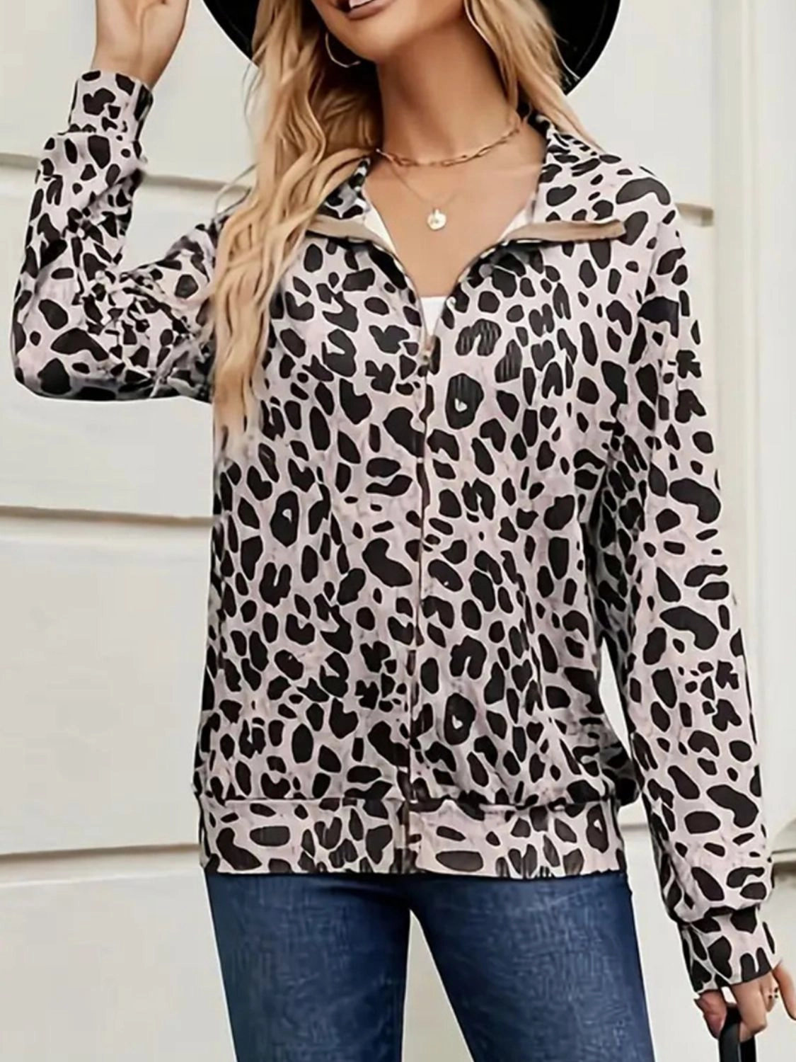 Full Size Leopard Collared Neck Zip Up Jacket Mega Discount Event Special Price Today
