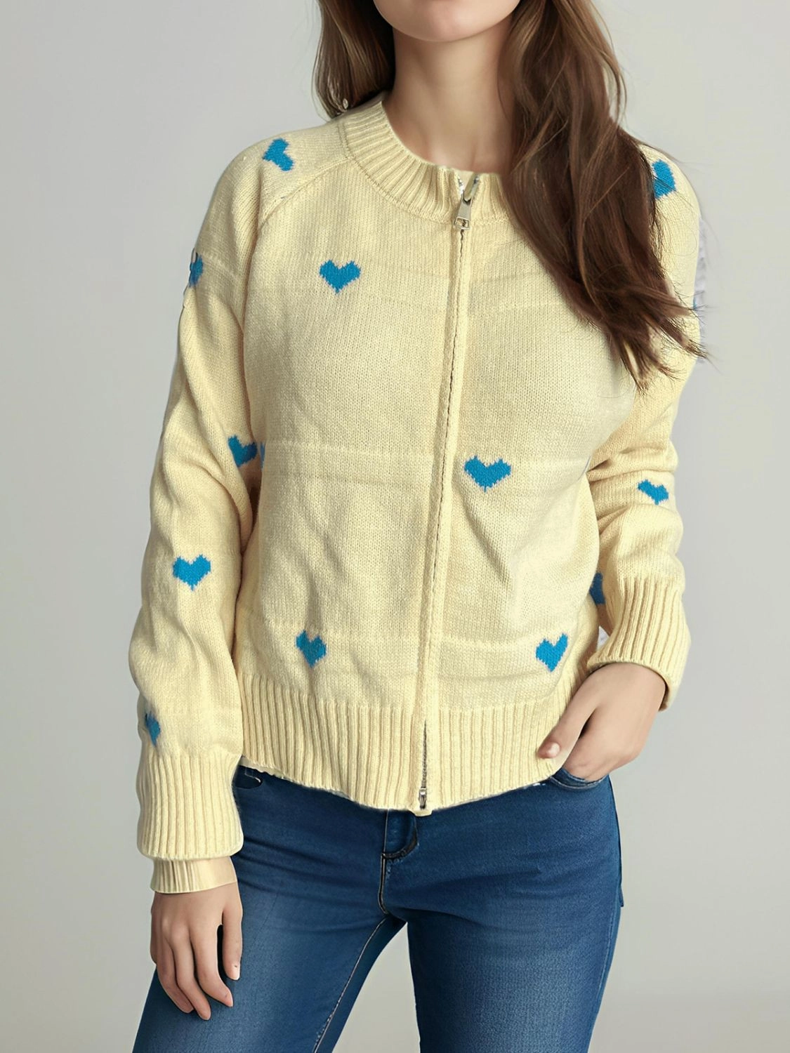 Heart Round Neck Zip Up Cardigan Online Exclusive Steal Flash Deal Alert