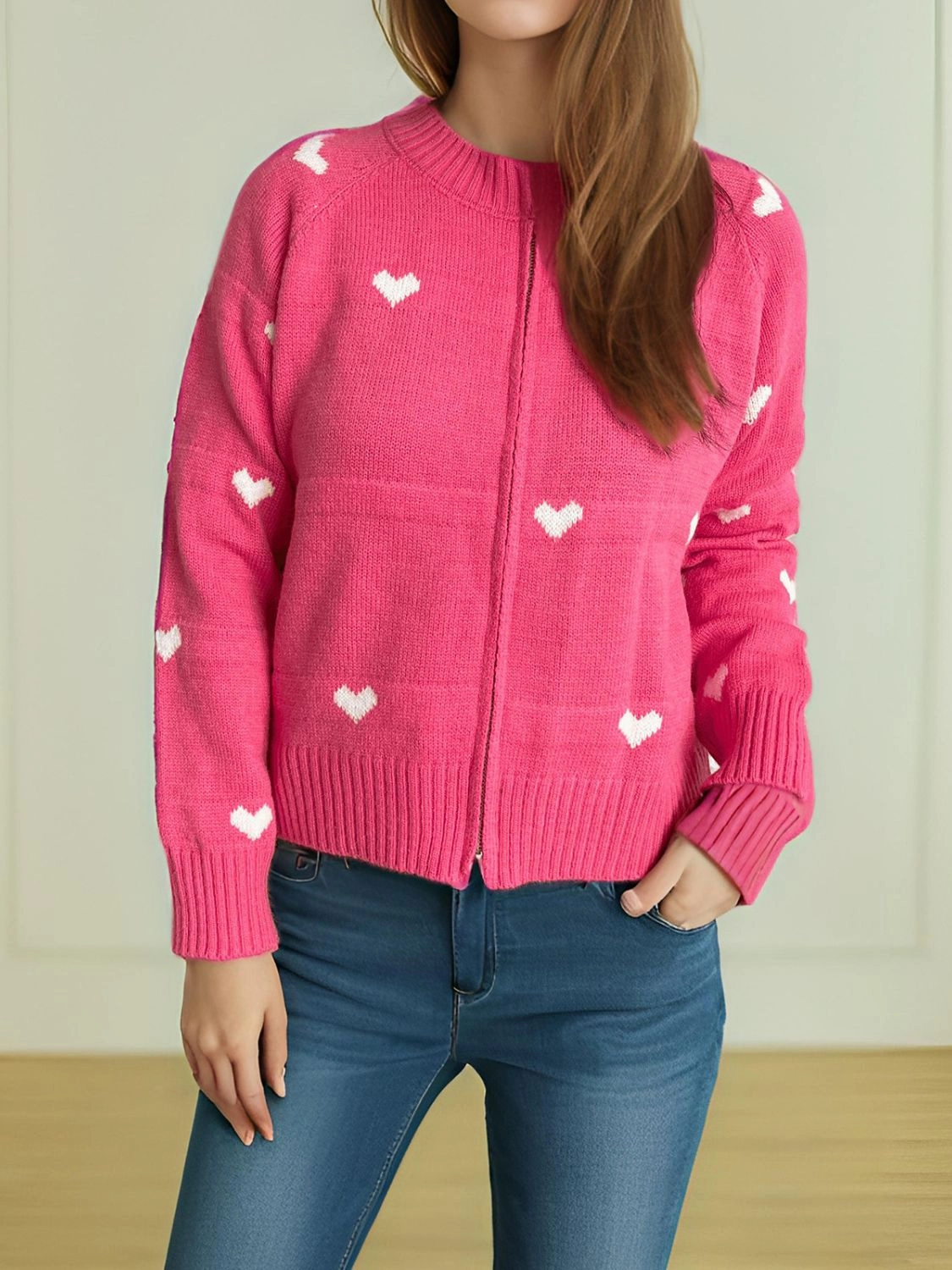 Heart Round Neck Zip Up Cardigan Clearance Event Alert Price Drop Alert