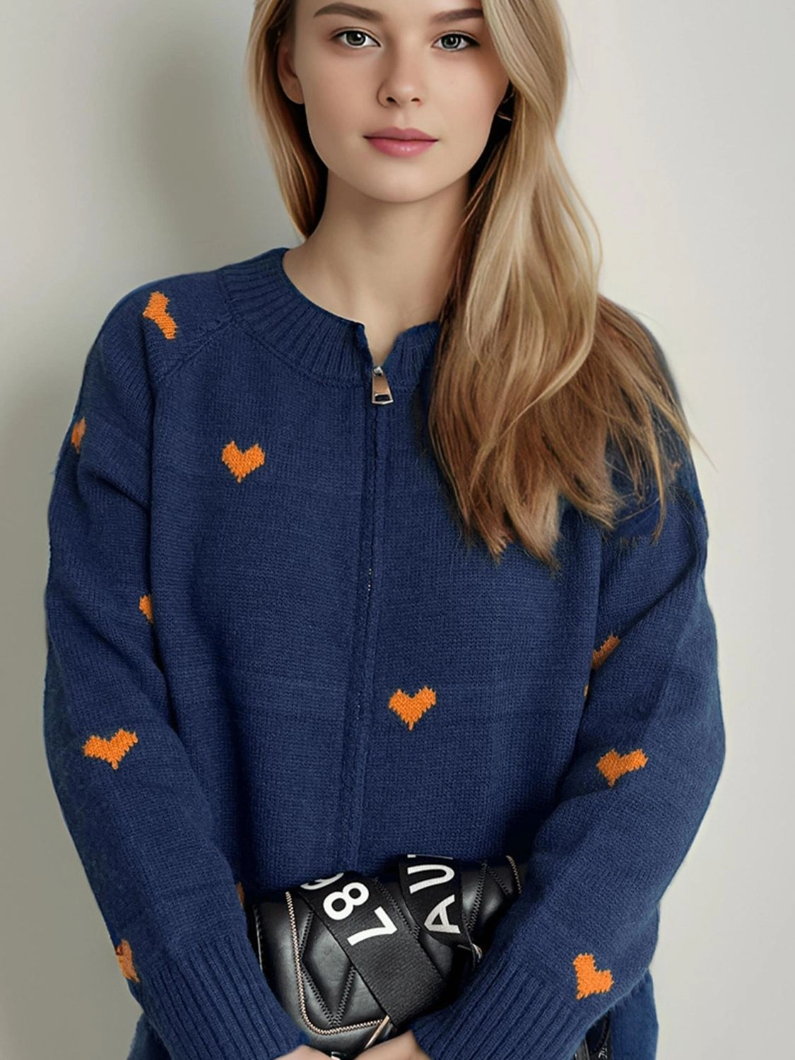 Heart Round Neck Zip Up Cardigan Grab Save Today