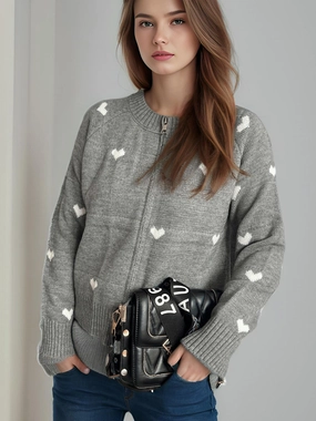 Heart Round Neck Zip Up Cardigan Special Offer Inside
