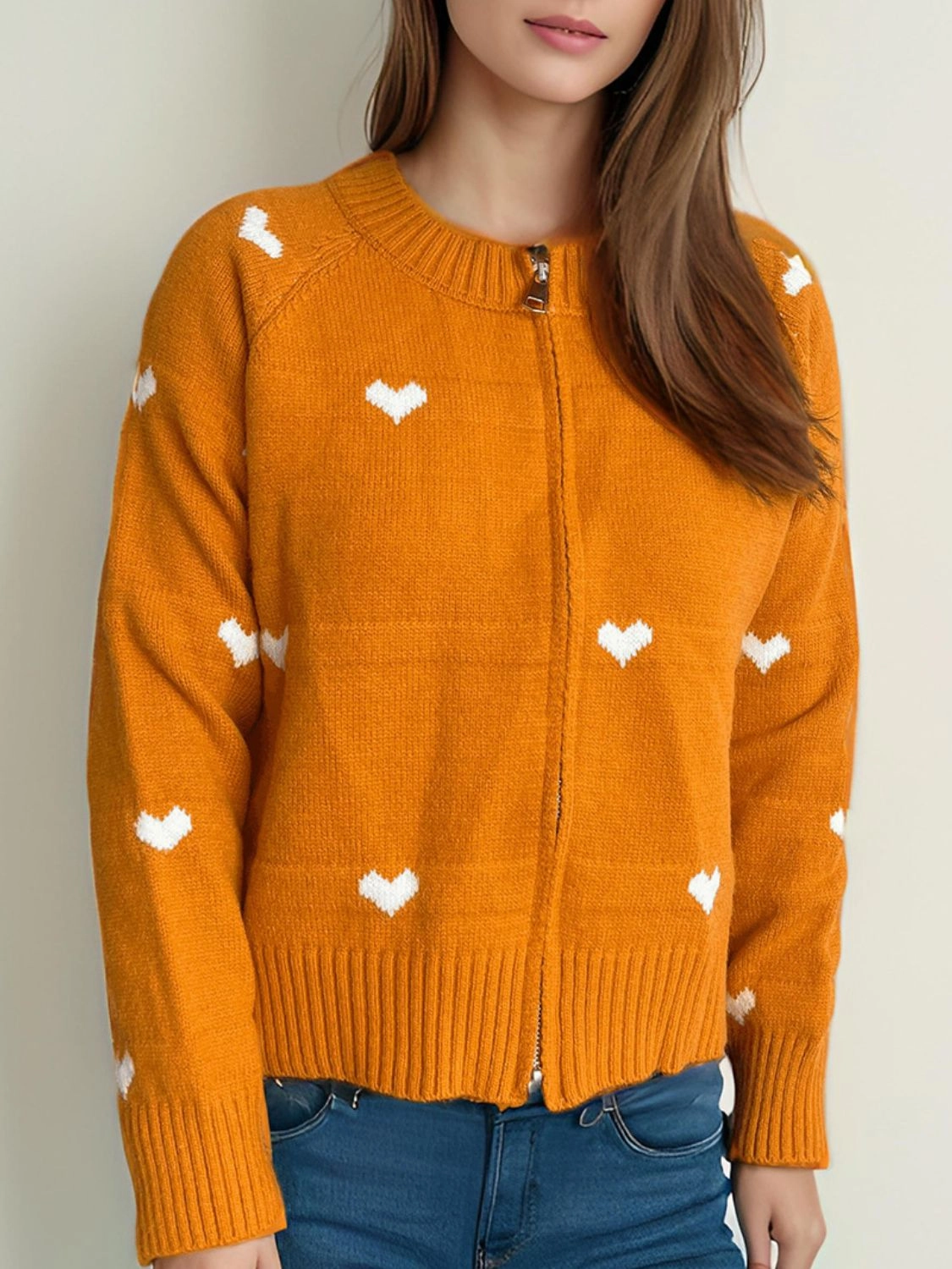 Heart Round Neck Zip Up Cardigan Hot Pick Deal