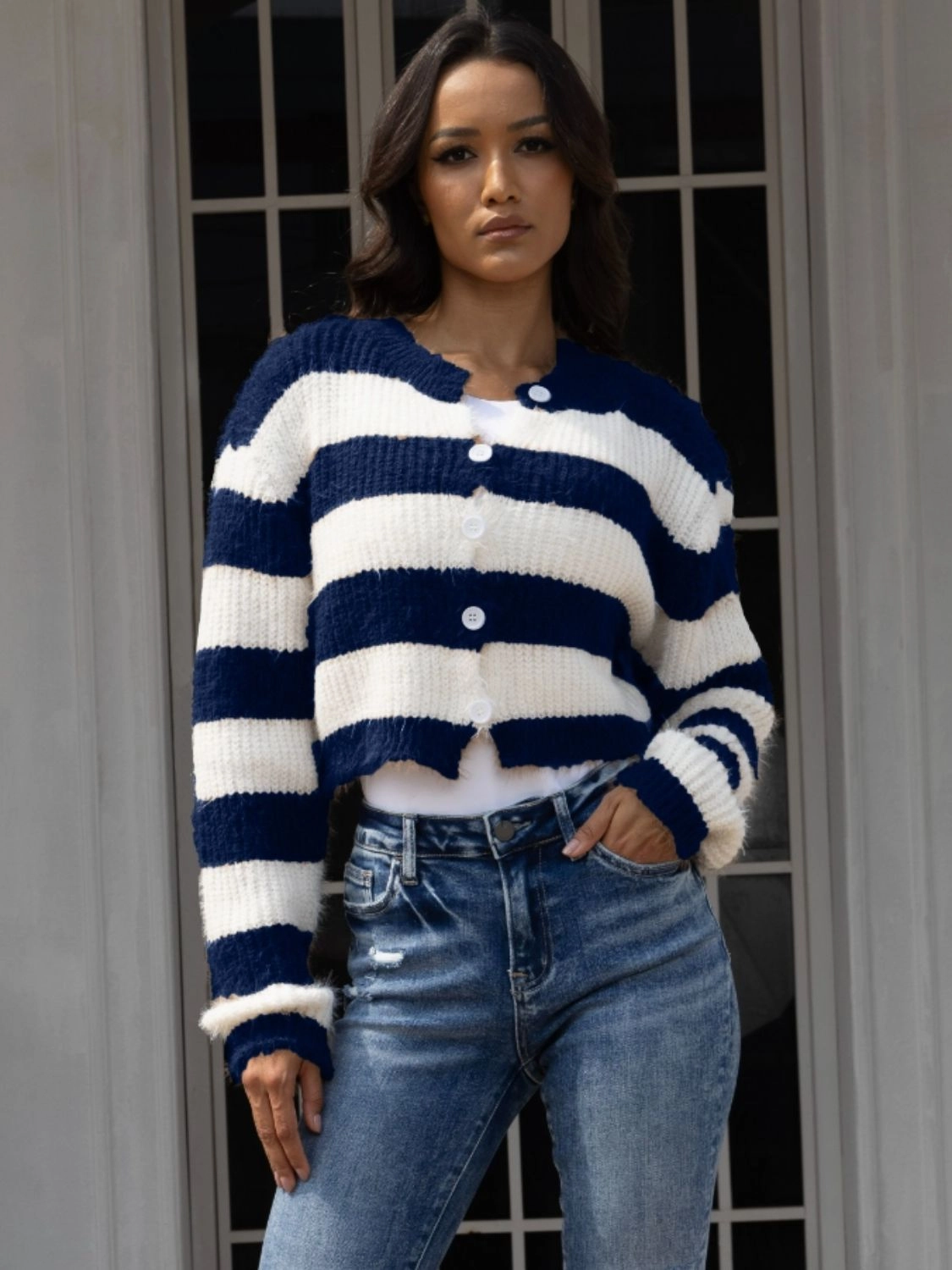 Flash Deal Alert Price Drop Today Striped Button Up Dropped Shoulder Cardigan