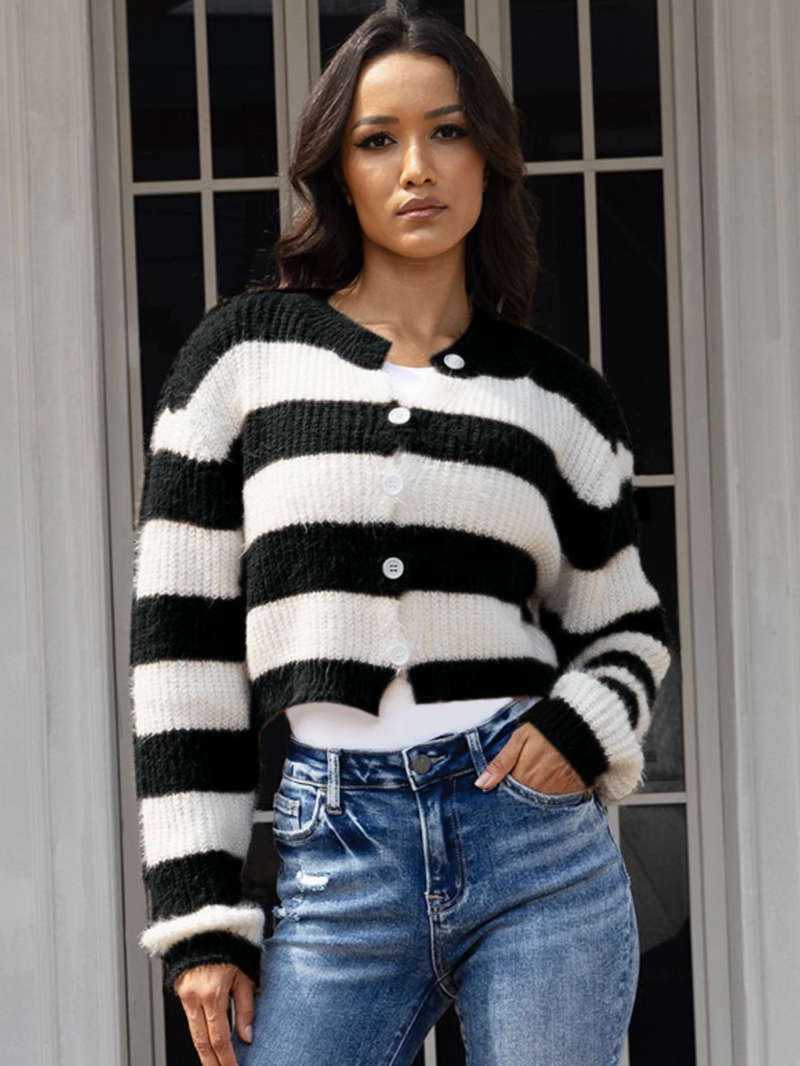 EndofWeek Deals Striped Button Up Dropped Shoulder Cardigan