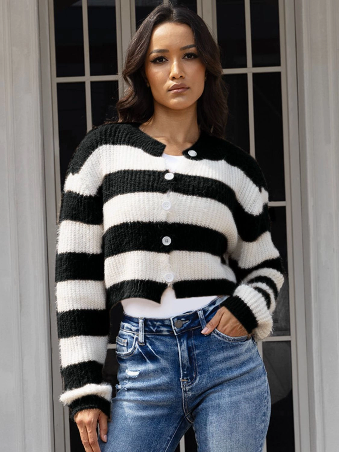 Daily Clearance Deal Striped Button Up Dropped Shoulder Cardigan