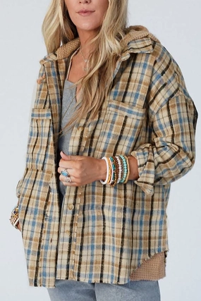 Weekend Specials Drawstring Waffle Knit Patchwork Hooded Plaid Shacket