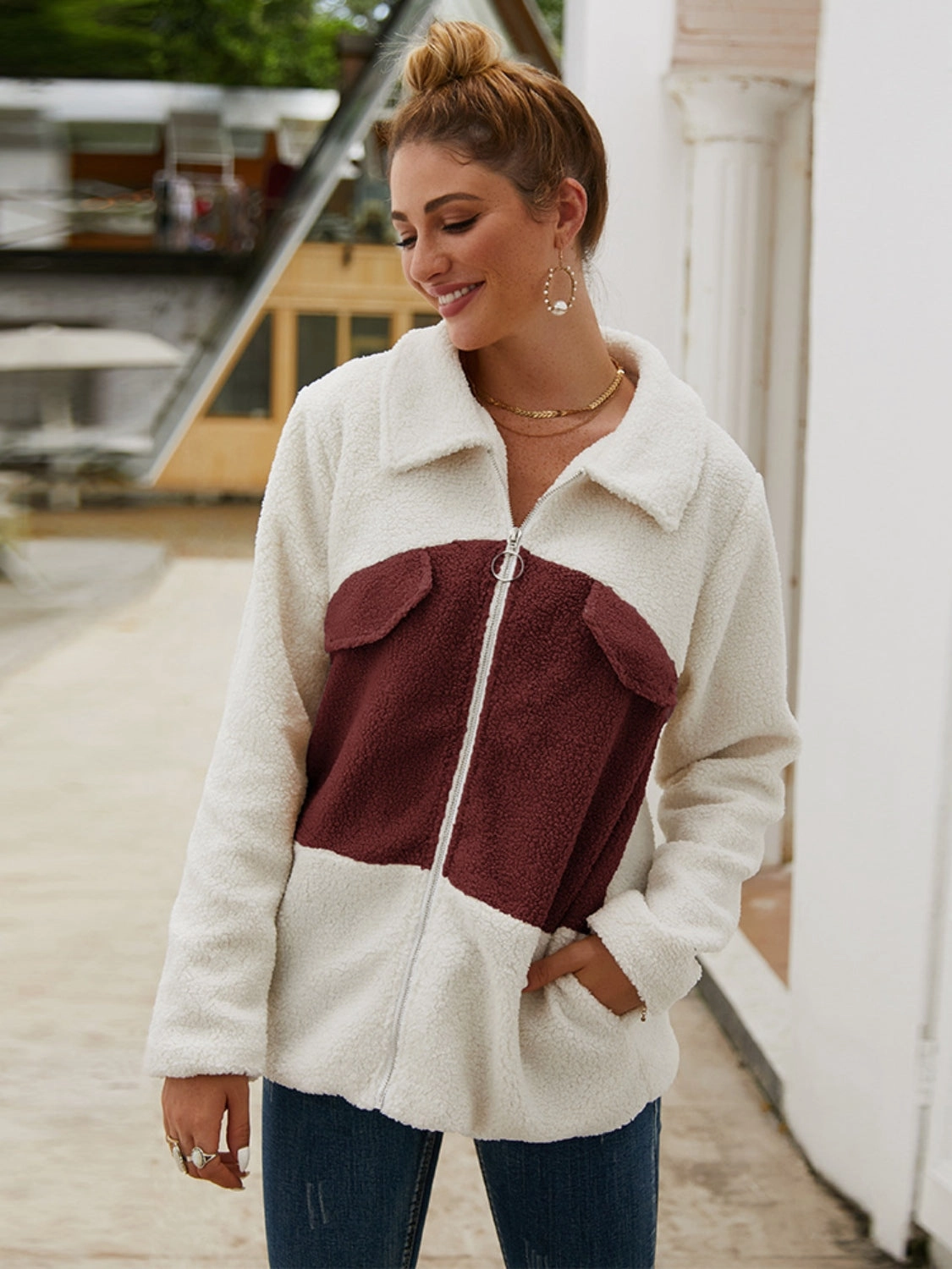 Ivy Lane Plush Contrast Zip Up Coat Special Price Today