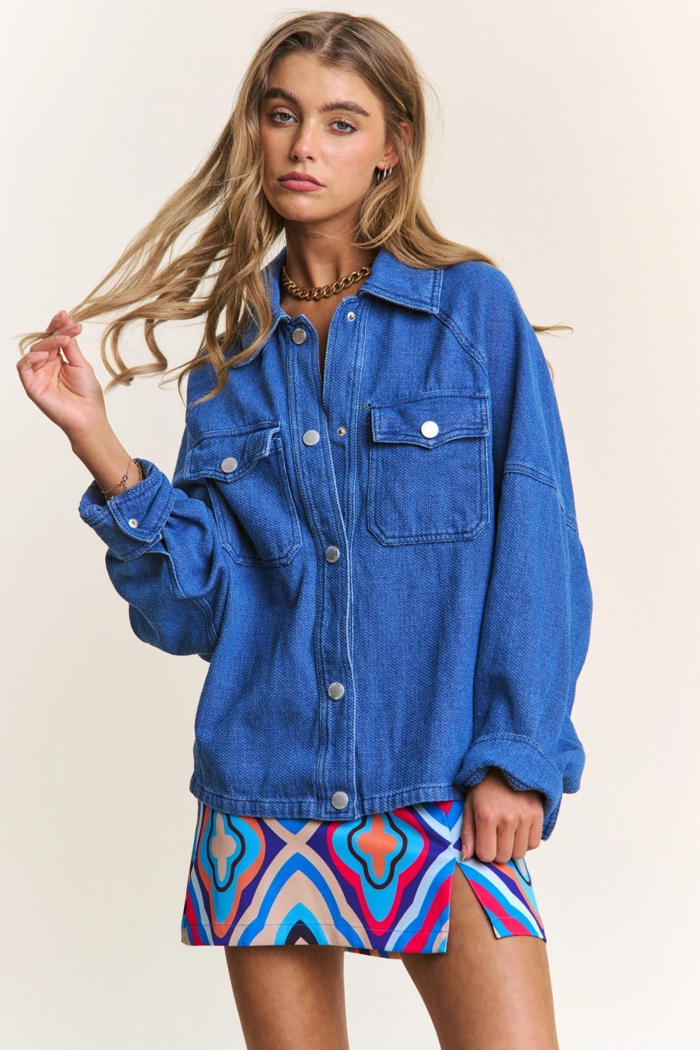 J.Nna Snap Down Long Sleeve Denim Shacket Online Deal Frenzy
