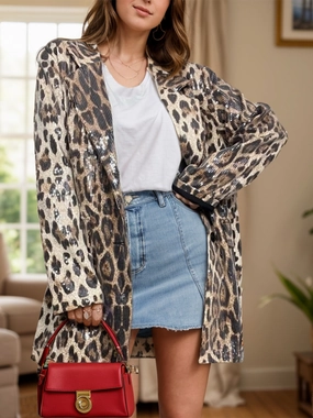 Limited Time Steal Hot Pick of the Day Leopard Lapel Collar Long Sleeve Longline Blazer