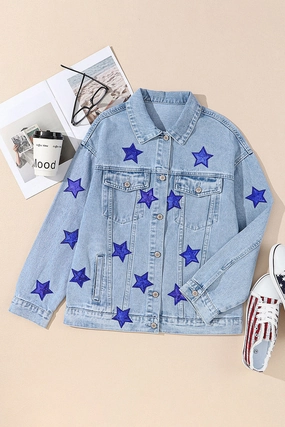 Pocketed Geometric Collared Neck Denim Jacket Shop Hot Picks