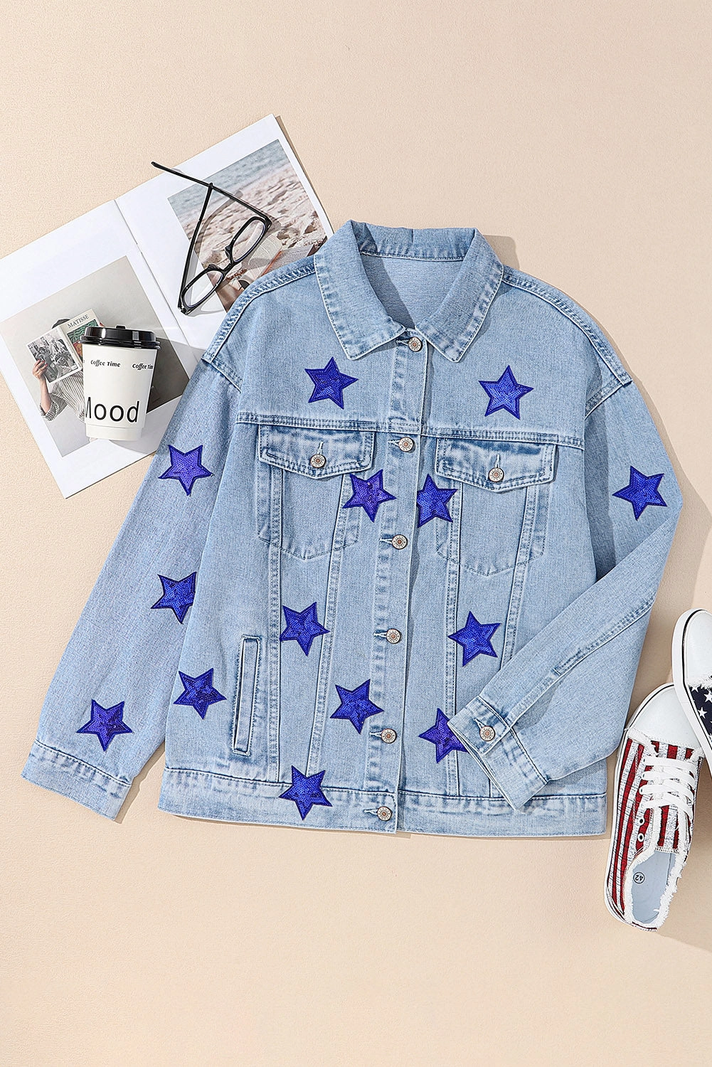 Shop Grab Now Online Exclusive Steal Pocketed Geometric Collared Neck Denim Jacket