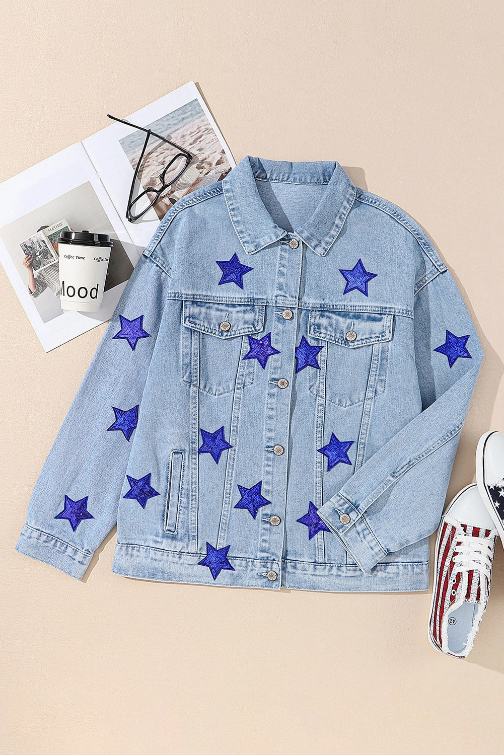 Pocketed Geometric Collared Neck Denim Jacket Limited Time Hot Deal