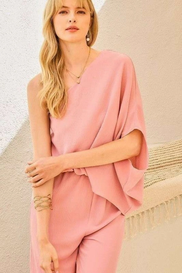 Special Offer Inside Hot Pick Sale One Shoulder 3/4 Sleeve Unbalanced Waist Elastic Solid Pants Jumpsuit