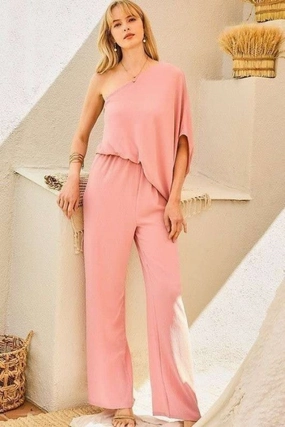 Deal of the Day One Shoulder 3/4 Sleeve Unbalanced Waist Elastic Solid Pants Jumpsuit