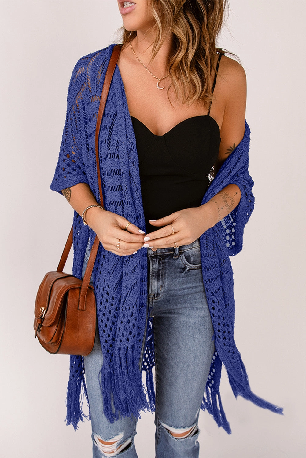 Openwork Open Front Cardigan With Fringes Surprise Discount Today Hot Item Clearance