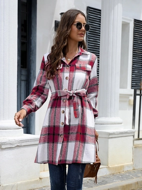 Plaid Belted Collared Neck Button Up Jacket MustHave Deal
