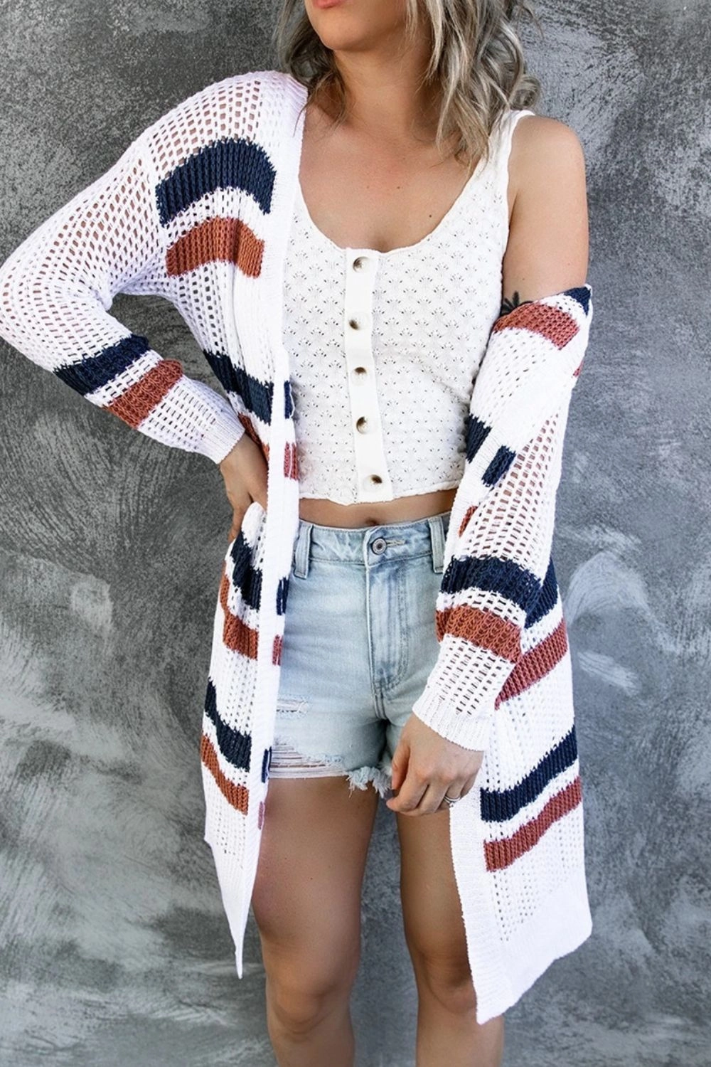 Todays Special Savings Contrast Openwork Open Front Long Sleeve Cardigan