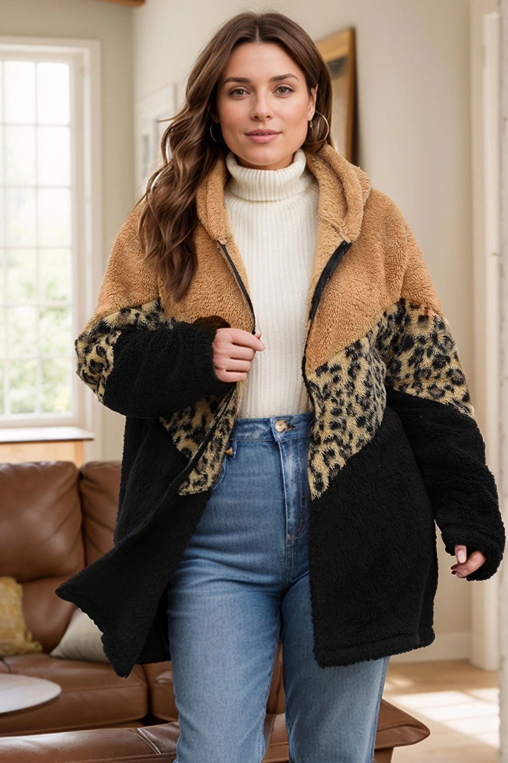 Plus Size Leopard Zip Up Hooded Outerwear Best Seller Deal