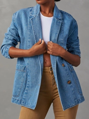 Flash Sale Alert Shop Today Save Pocketed Lapel Collar Long Sleeve Denim Jacket