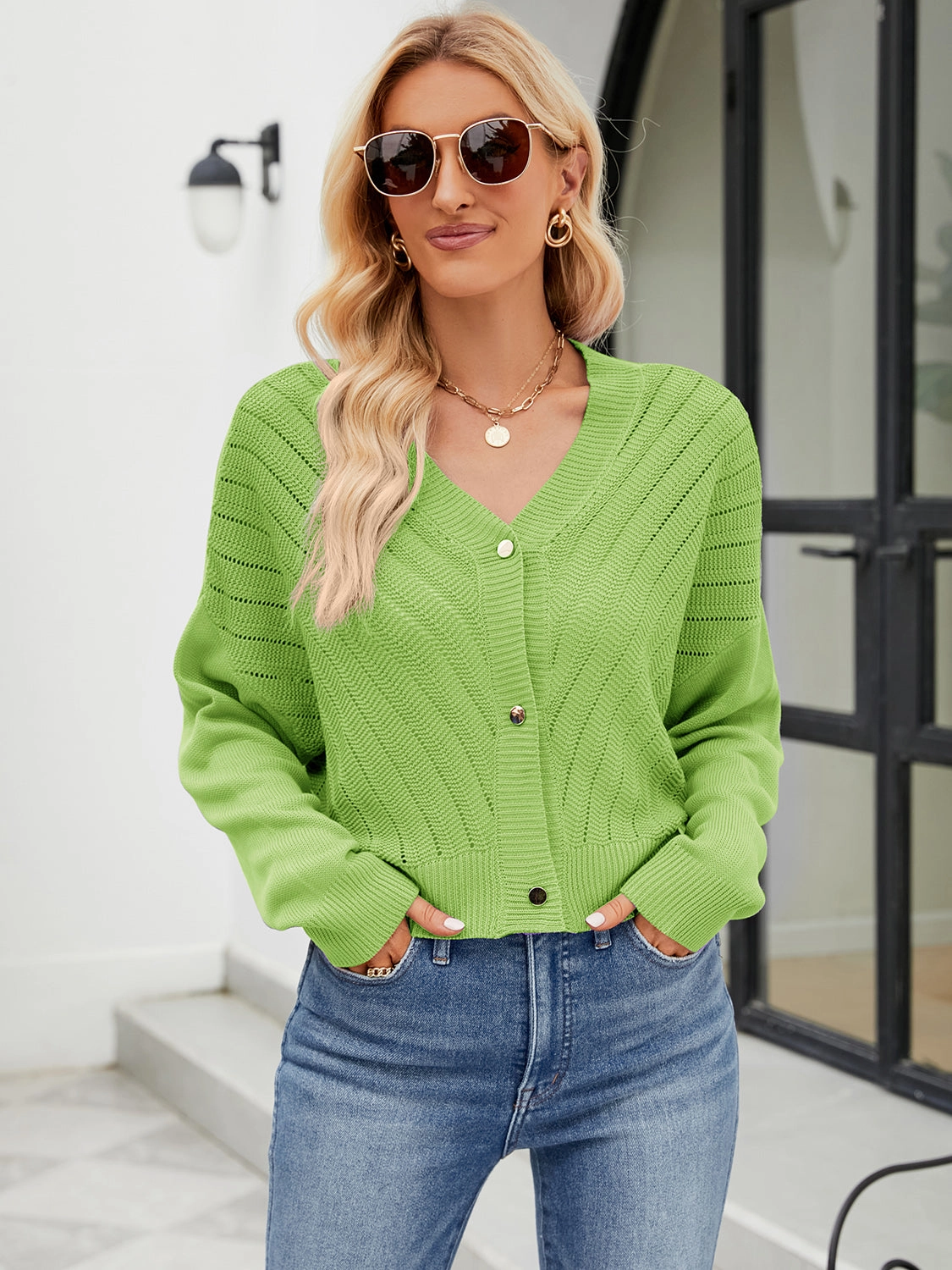 Eyelet Button Front Long Sleeve Cardigan Price Drop Frenzy