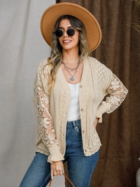 Eyelet Button Up Lantern Sleeve Cardigan Shop Grab Offer