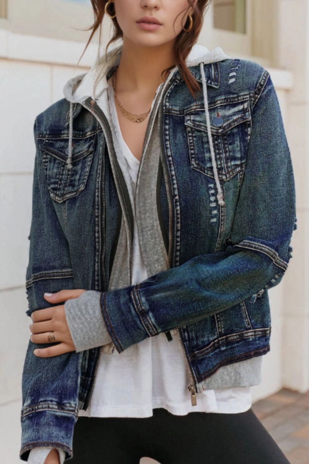 Fake Two-Piece Hooded Zip-Up Denim Jacket Best Seller Discount