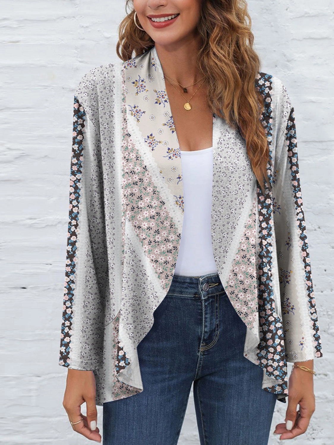 Fam-Fam Printed Open Front Long Sleeve Cardigan Clearance Steal Today Hot Sale Today