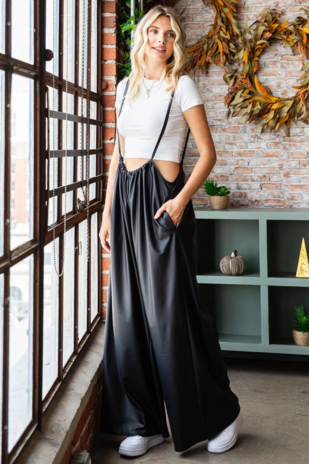 Shop Smart Deals First Love Drawstring Back Spaghetti Strap Wide Leg Overall