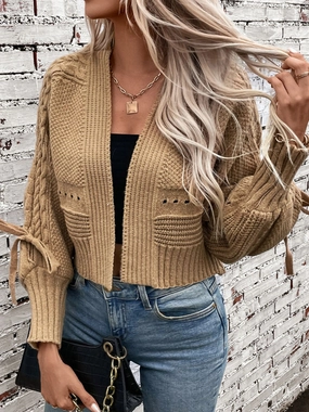 Hot Pick Online Cable-Knit Tied Open Front Lantern Sleeve Cardigan
