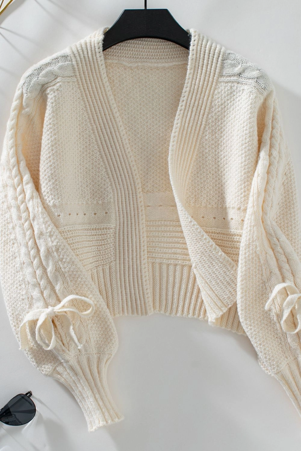 Save Today Only Cable-Knit Tied Open Front Lantern Sleeve Cardigan