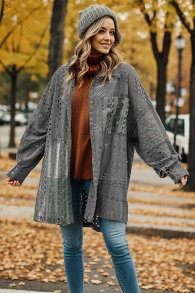 Openwork Button Up Long Sleeve Shacket Trending Hot Deal