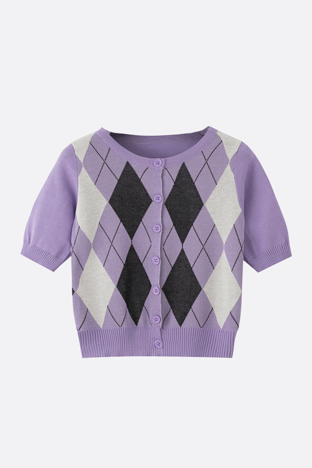 Dont Miss Todays Deal Argyle Round Neck Ribbed Trim Cardigan