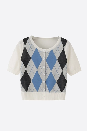 Grab the Deal Now Argyle Round Neck Ribbed Trim Cardigan