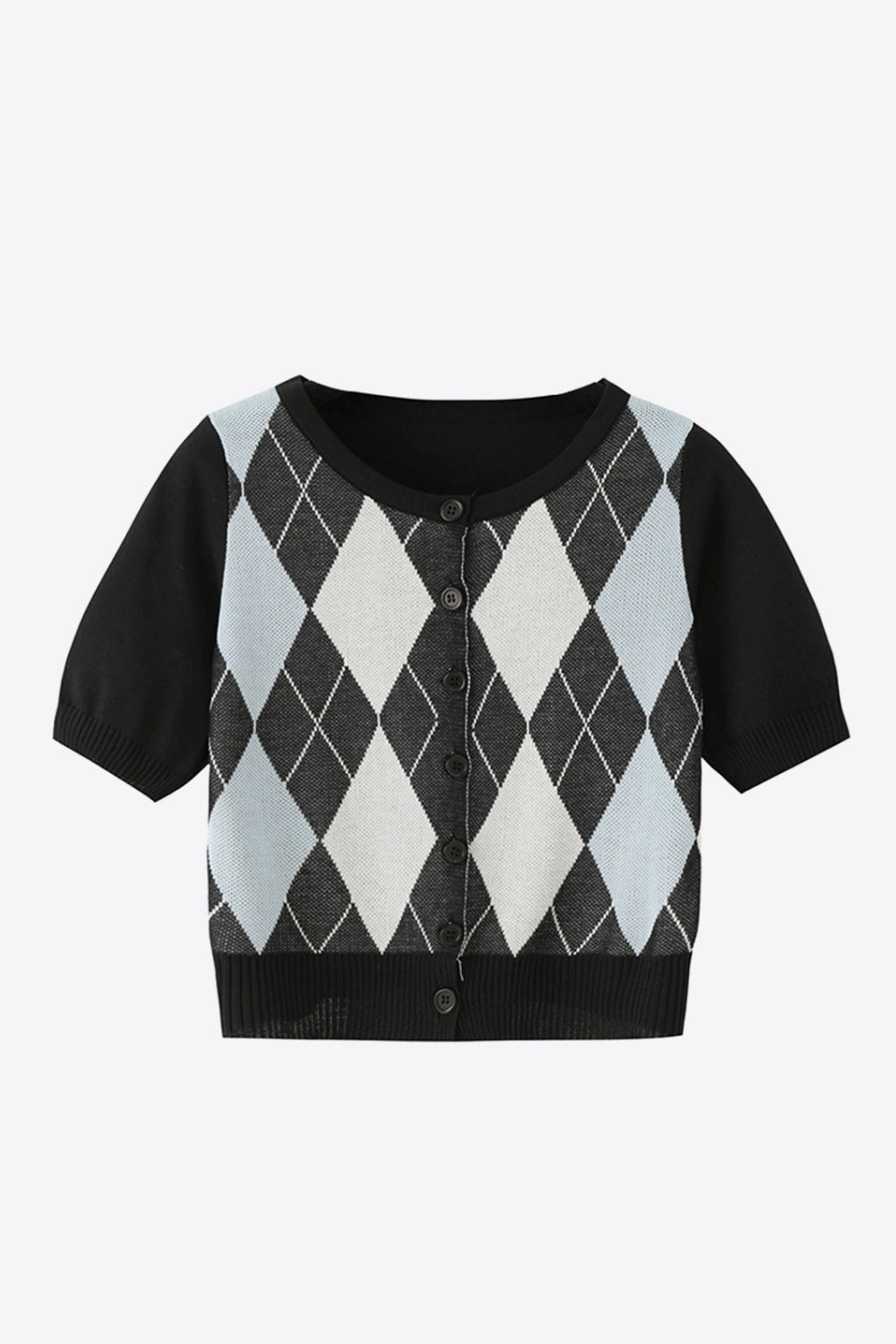 Todays Hot Pick Special Savings Today Argyle Round Neck Ribbed Trim Cardigan