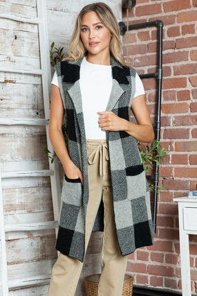 Plaid Lapel Collar Sleeveless Cardigan Exclusive Holiday Deal