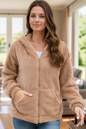 Zip Up Long Sleeve Fuzzy Hooded Outerwear Price Drop Today Mega Hot Offer