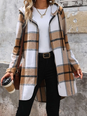 Drawstring Plaid Zip Up Long Sleeve Hooded Outerwear Best Deal Alert