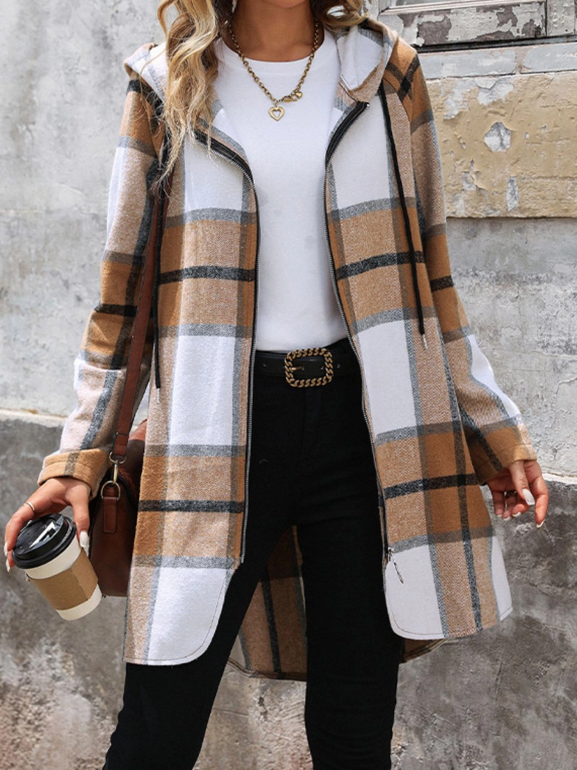 Drawstring Plaid Zip Up Long Sleeve Hooded Outerwear Best Deal Alert