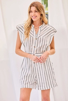 Notched Neck Button Elastic Band Waist Stripe Print Romper Biggest Savings Now