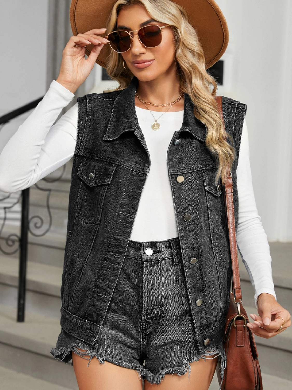 Trending Deals Today Pocketed Button Up Sleeveless Denim Jacket