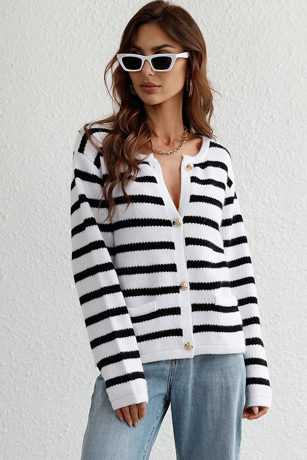 Special Savings Today Striped Button Down Long Sleeve Cardigan