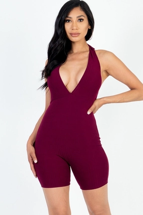 Clearance Event Today Save Today Only Casual Solid Halter V Neck Ribbed Bodycon Romper