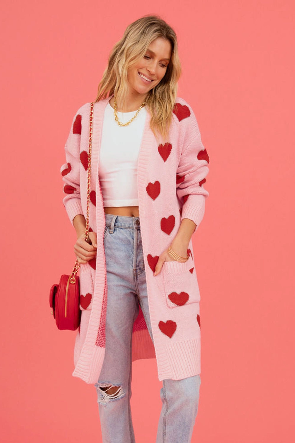 Heart Graphic Open Front Cardigan With Pockets Save Today Only