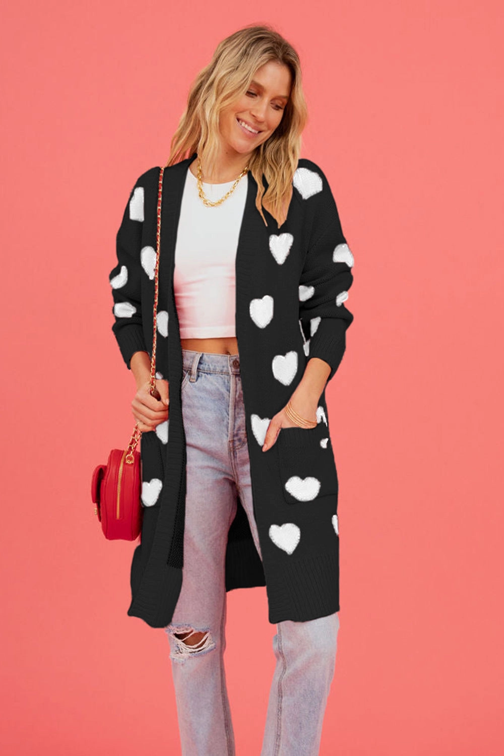 Heart Graphic Open Front Cardigan With Pockets Sale Ending Soon Big Savings Event