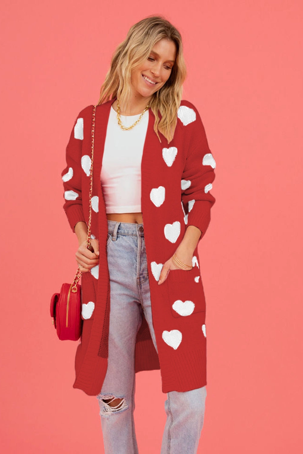 Heart Graphic Open Front Cardigan With Pockets Trendy Picks Today