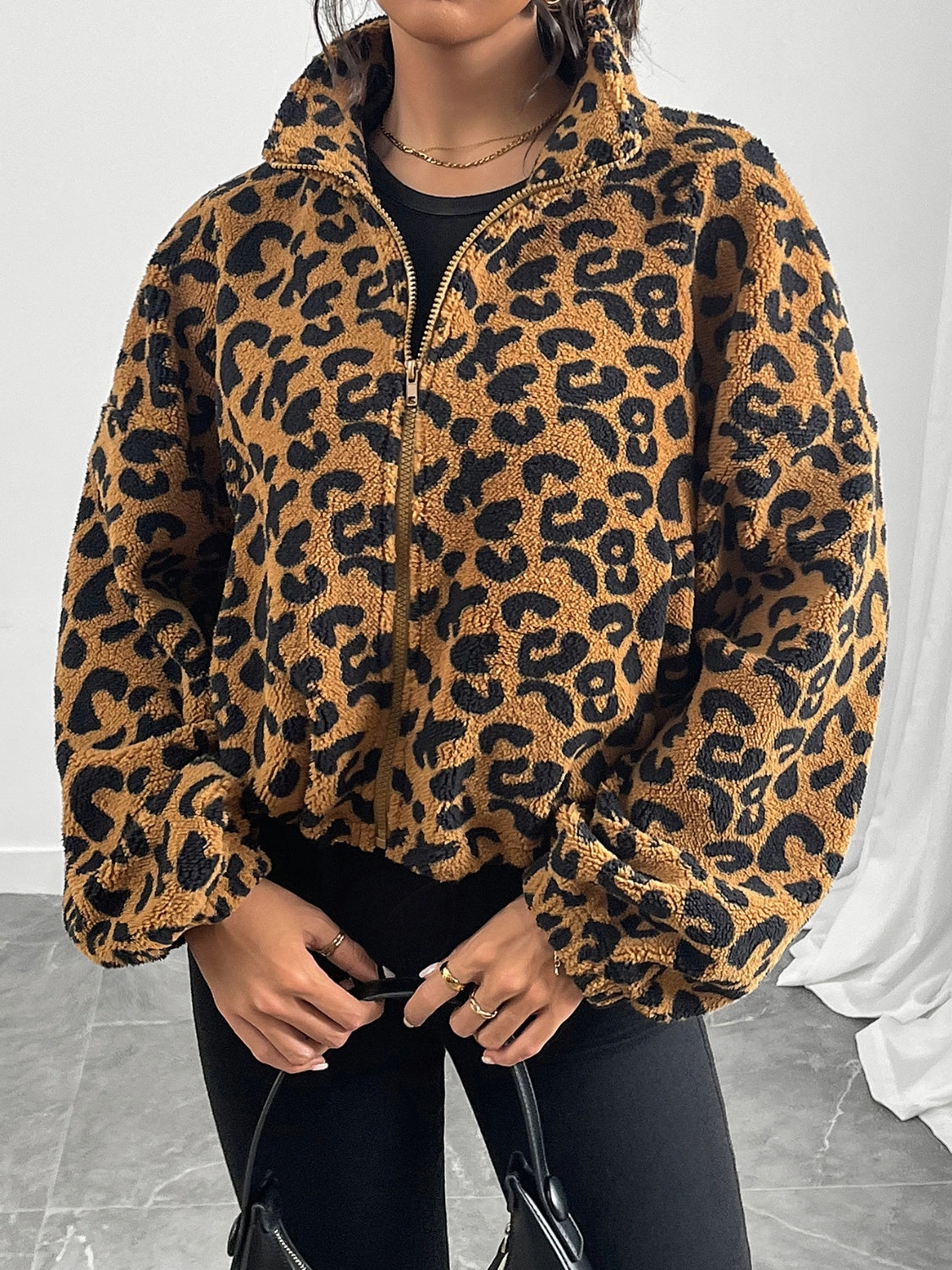 Big Savings Today Leopard Zip Up Long Sleeve Jacket
