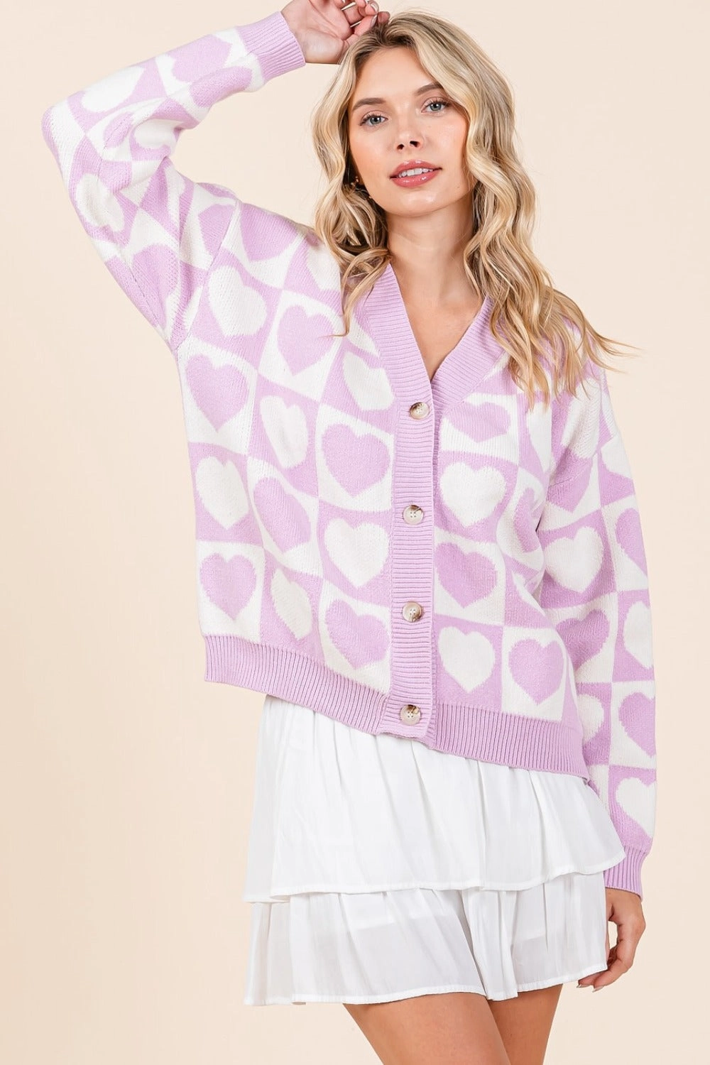 Mittoshop Checkered Heart Button Down Cardigan Instant Savings Inside